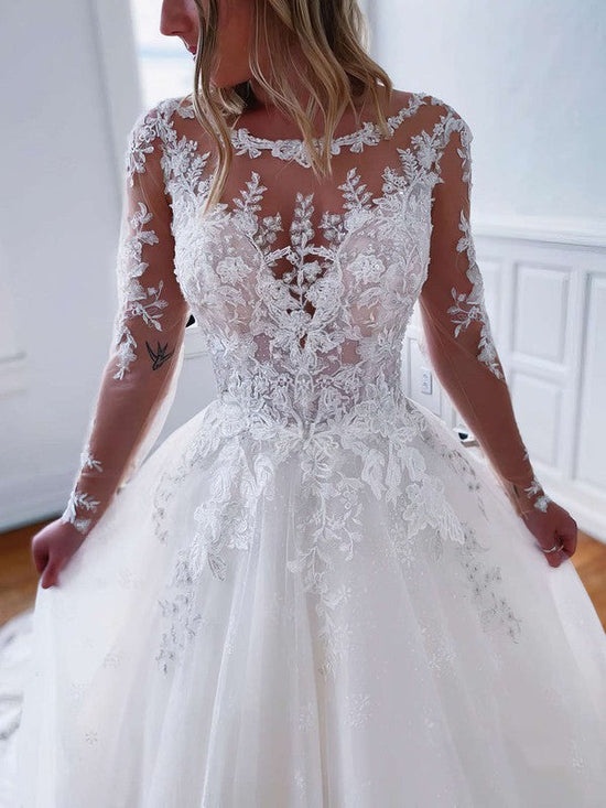 Gorgeous Ball Gown Wedding Dress with Illusion Tulle and Appliques Lace