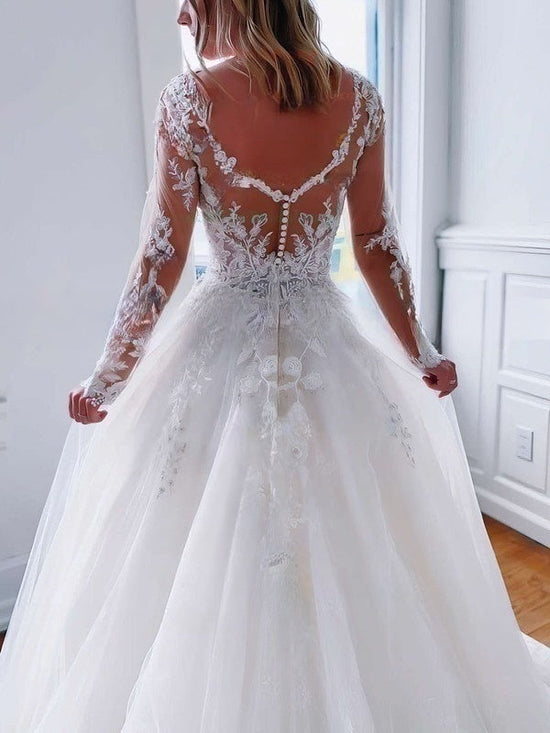 Gorgeous Ball Gown Wedding Dress with Illusion Tulle and Appliques Lace