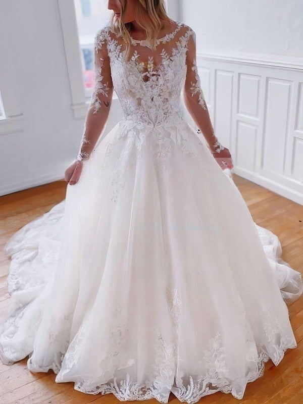 Gorgeous Ball Gown Wedding Dress with Illusion Tulle and Appliques Lace