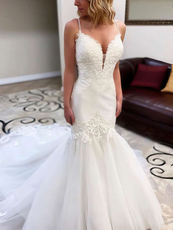 V-neck Tulle Mermaid Trumpet Wedding Dress With Beading and Chapel Train