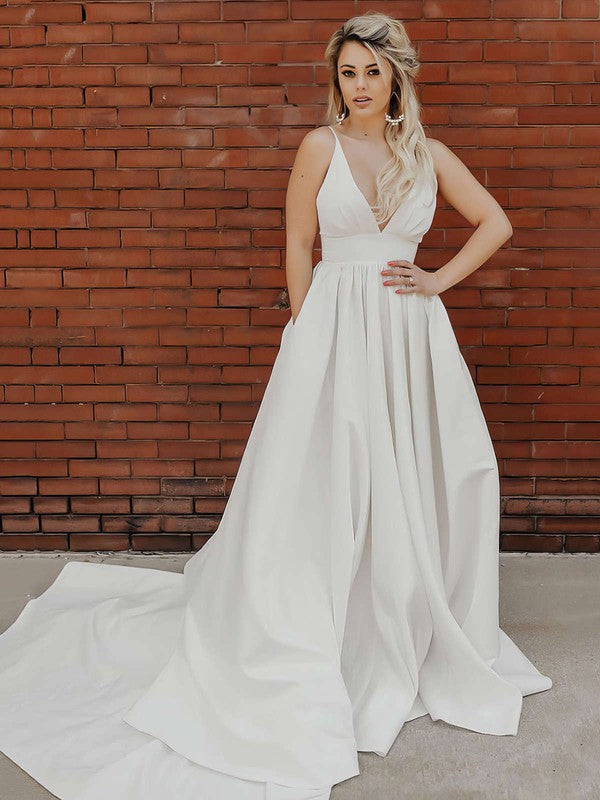V-neck Ball Gown Wedding Dress with Pockets - Silk-like Satin Court Train