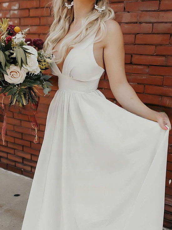 V-neck Ball Gown Wedding Dress with Pockets - Silk-like Satin Court Train