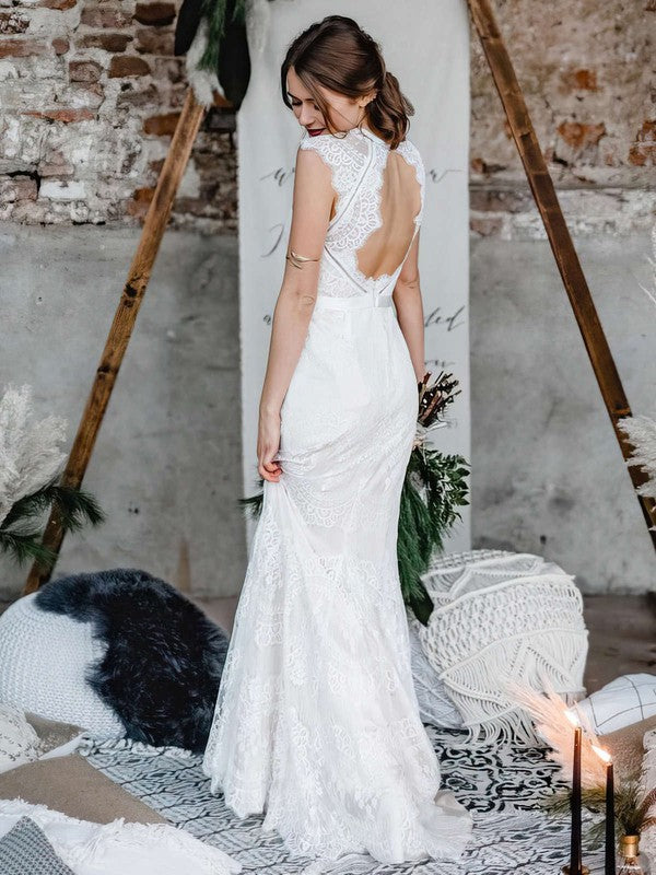 Trumpet/Mermaid Scoop Neck Lace Sweep Train Wedding Dress With Sashes / Ribbons