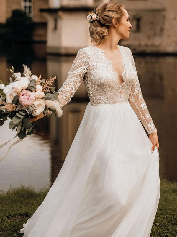 A-line Illusion Lace Chiffon Sweep Train Wedding Dress