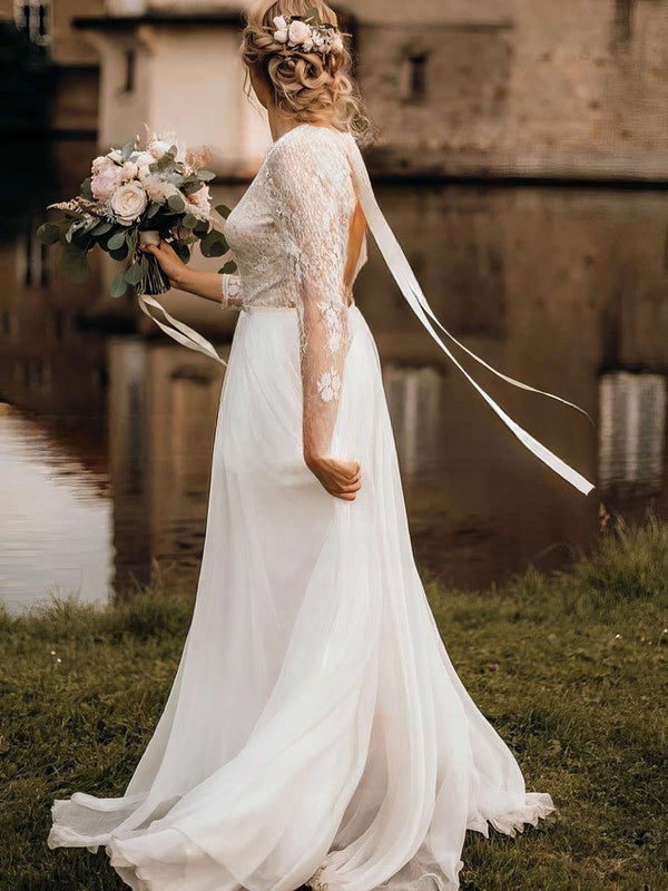 A-line Illusion Lace Chiffon Sweep Train Wedding Dress