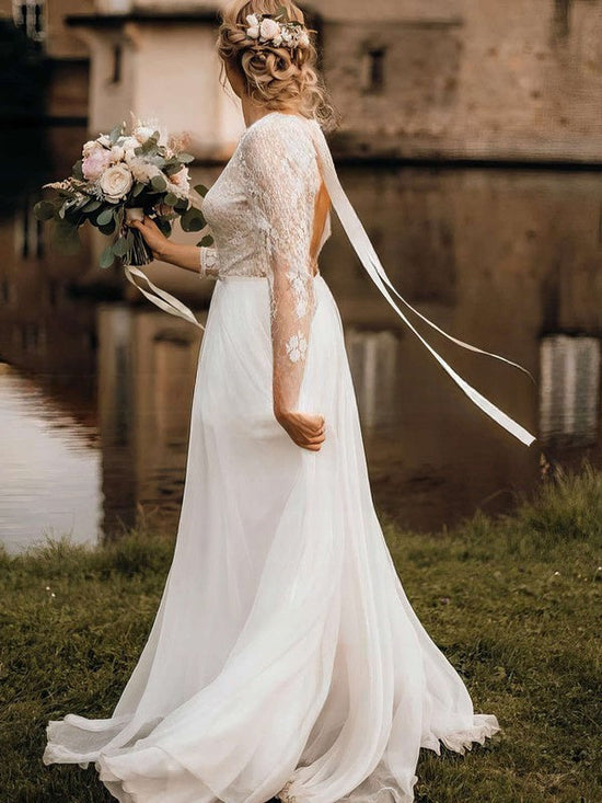 A-line Illusion Lace Chiffon Sweep Train Wedding Dress