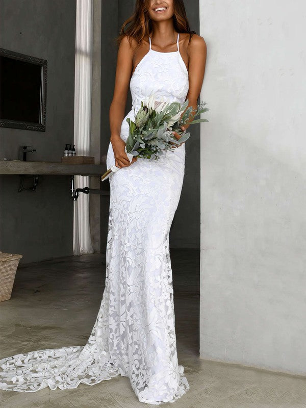 Trumpet/Mermaid Halter Lace Sweep Train Wedding Dresses