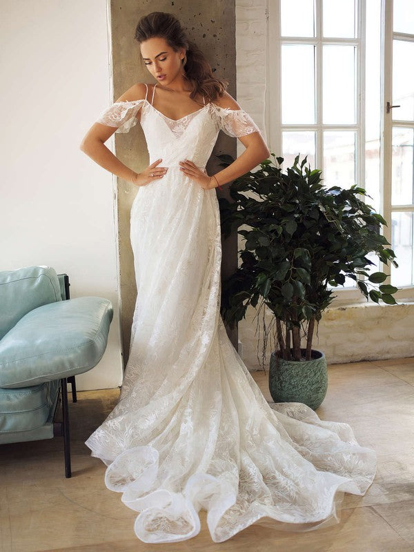 A-line V-neck Lace Sweep Train Wedding Dress