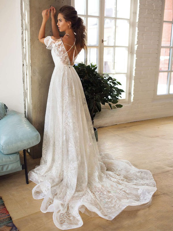 A-line V-neck Lace Sweep Train Wedding Dress