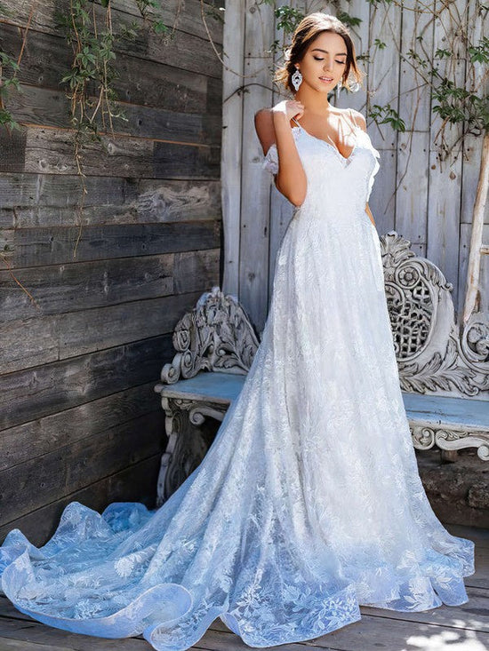 A-line V-neck Lace Sweep Train Wedding Dress