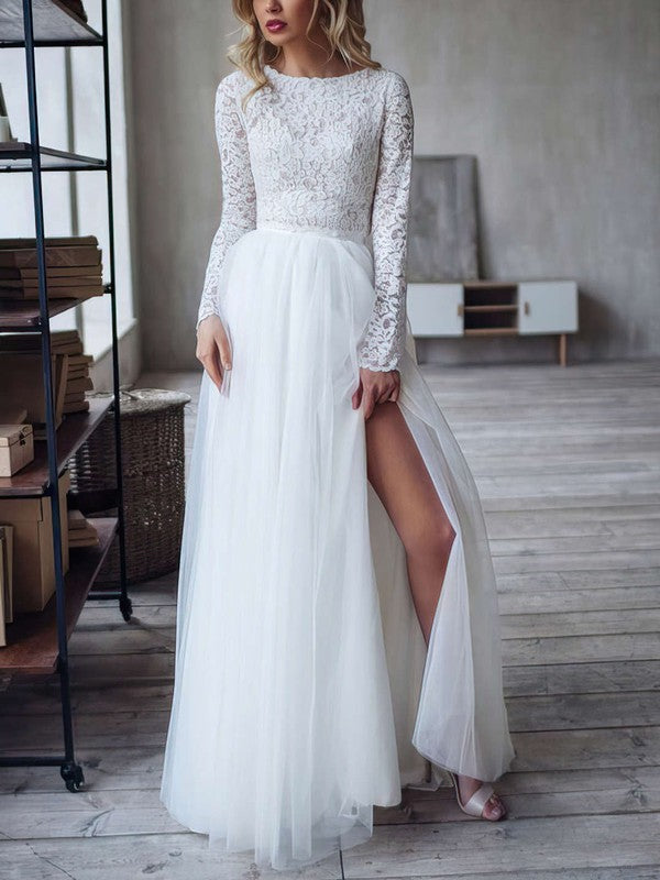 Elegant Ball Gown Scoop Neck Tulle Lace Sweep Train Wedding Dress With Split Front