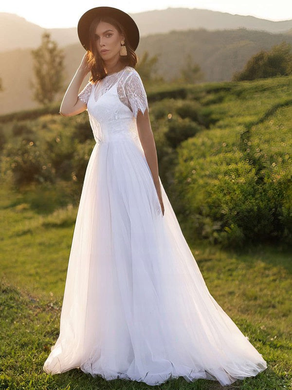 A-line Scoop Neck Tulle Sweep Train Wedding Dress With Lace