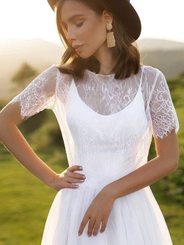 A-line Scoop Neck Tulle Sweep Train Wedding Dress With Lace