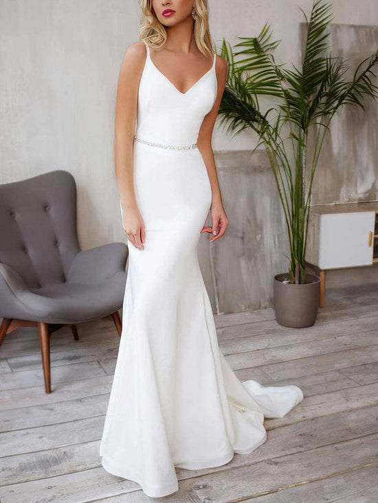 Trumpet/Mermaid V-neck Stretch Crepe Wedding Dress with Beading and Sweep Train