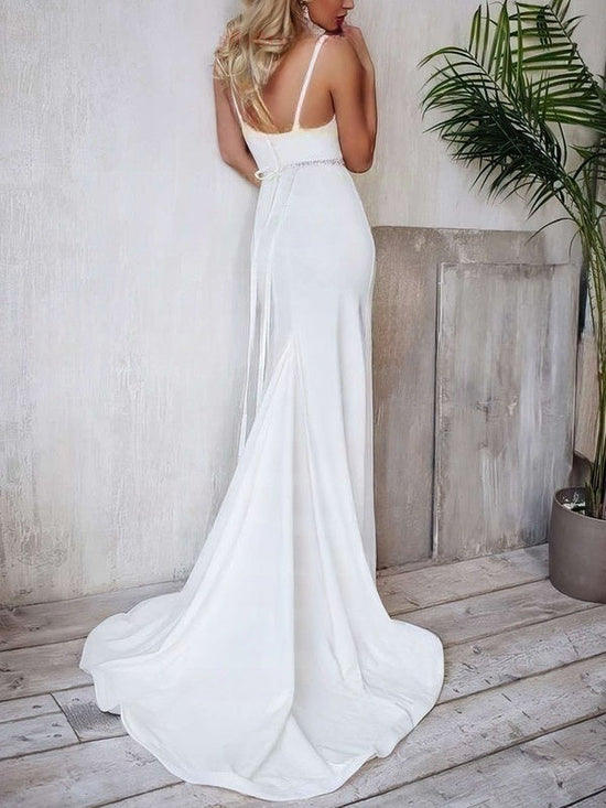 Trumpet/Mermaid V-neck Stretch Crepe Wedding Dress with Beading and Sweep Train