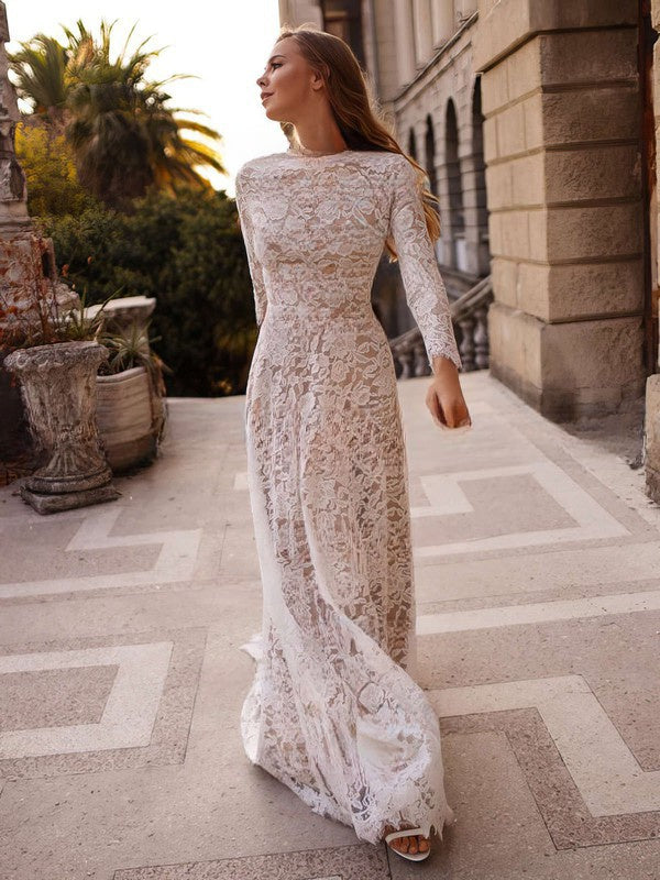 A-line Scoop Neck Lace Sweep Train Wedding Dresses