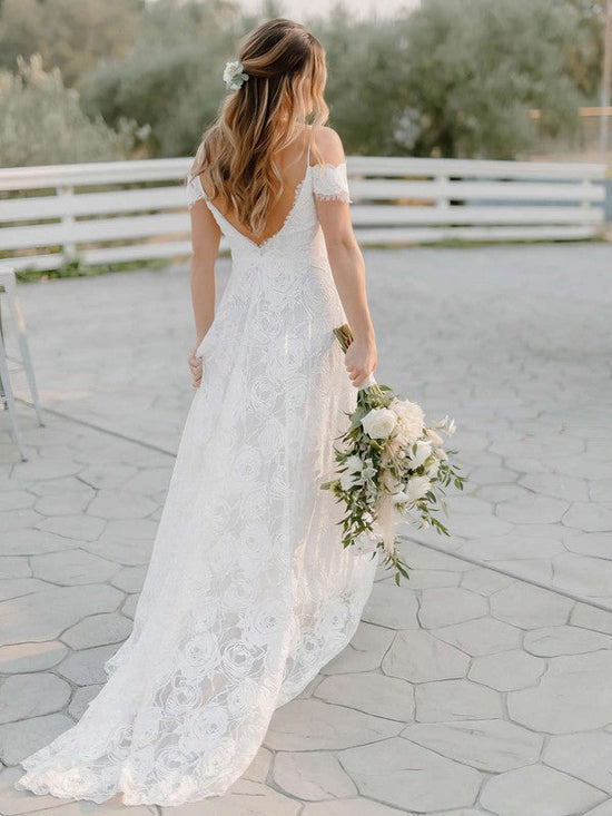 A-line V-neck Lace Sweep Train Wedding Dress