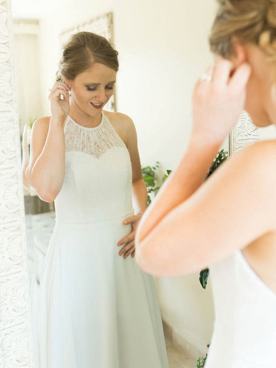 A-line Halter Lace Chiffon Wedding Dress with Sweep Train