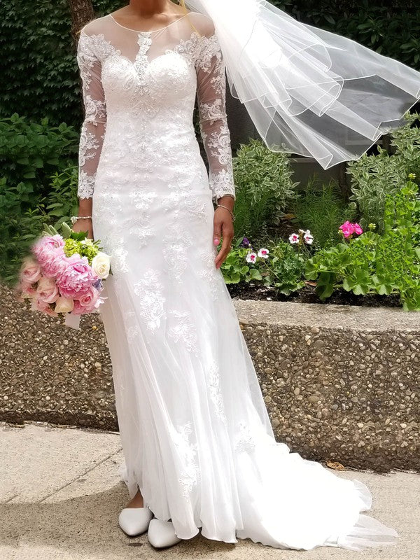 Beaded Sheath/Column Illusion Tulle Wedding Dress with Sweep Train