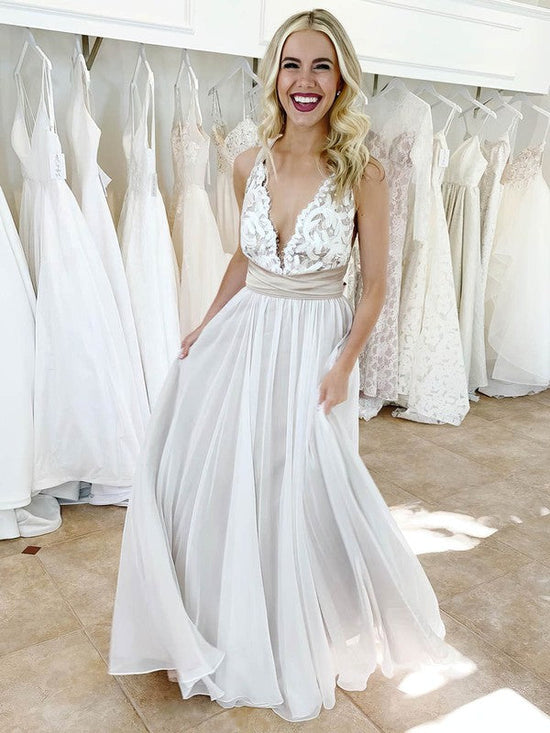 A-line V-neck Chiffon Floor-length Wedding Dress with Appliques Lace