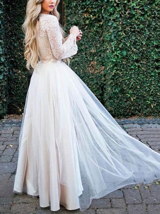 Lace Tulle Floor-length Wedding Dress With Split Front and V-neck Ball Gown