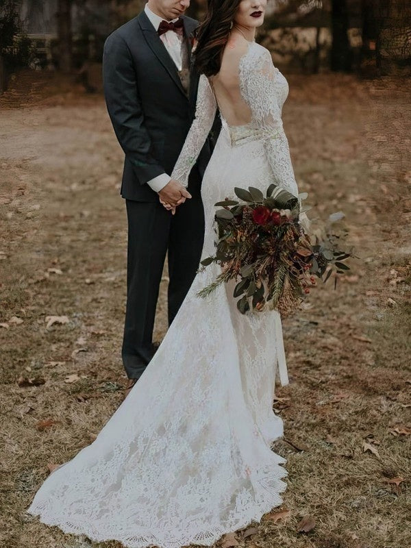 Sheath Column Illusion Lace Wedding Dress with Beading and Sweep Train