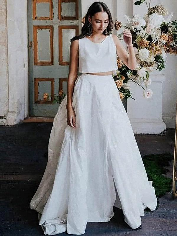 Scoop Neck Satin Court Train Wedding Dress With Split Front