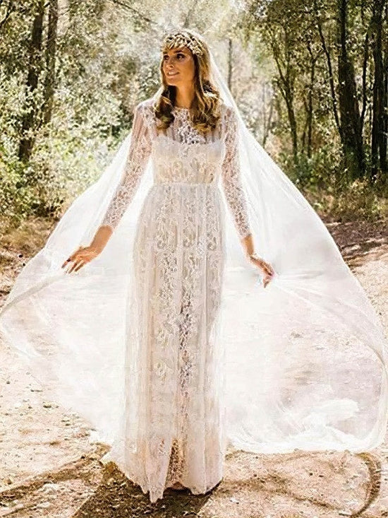 A-line Illusion Lace Floor-length Wedding Dress for the Bridal Beauty