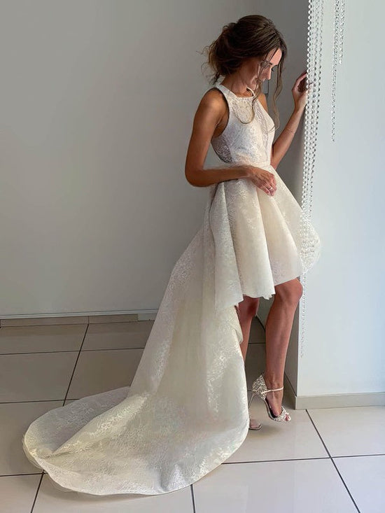 A-Line Lace Asymmetrical Wedding Dress with Square Neckline