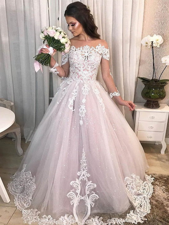 Gorgeous Illusion Glitter Sweep Train Wedding Dress with Appliques Lace