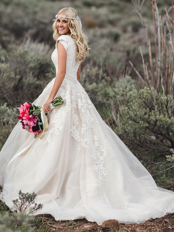 V-neck Tulle Court Train Wedding Dress with Beading - Ball Gown