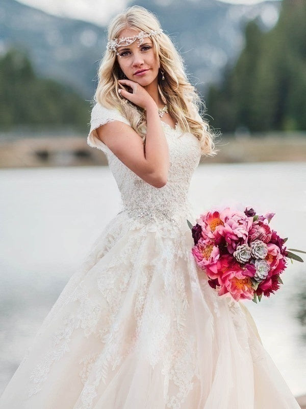 V-neck Tulle Court Train Wedding Dress with Beading - Ball Gown