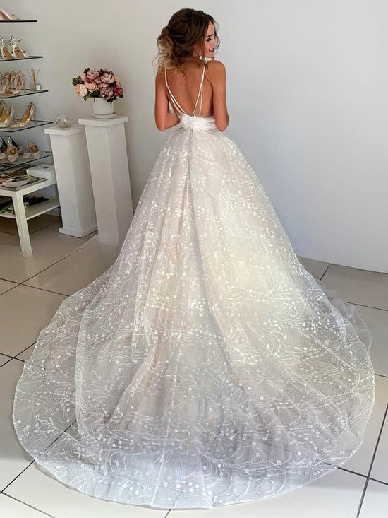 V-neck Glitter Court Train Wedding Dress with Appliques Lace