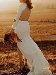 Sheath/Column Square Neckline Stretch Crepe Court Train Wedding Dress With Split Front