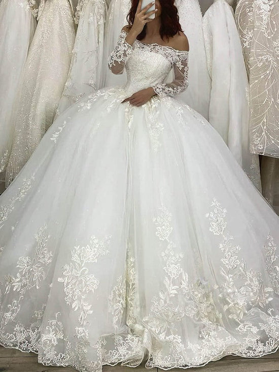 Elegant Off-the-shoulder Tulle Ball Gown Wedding Dresses With Appliques Lace Court Train