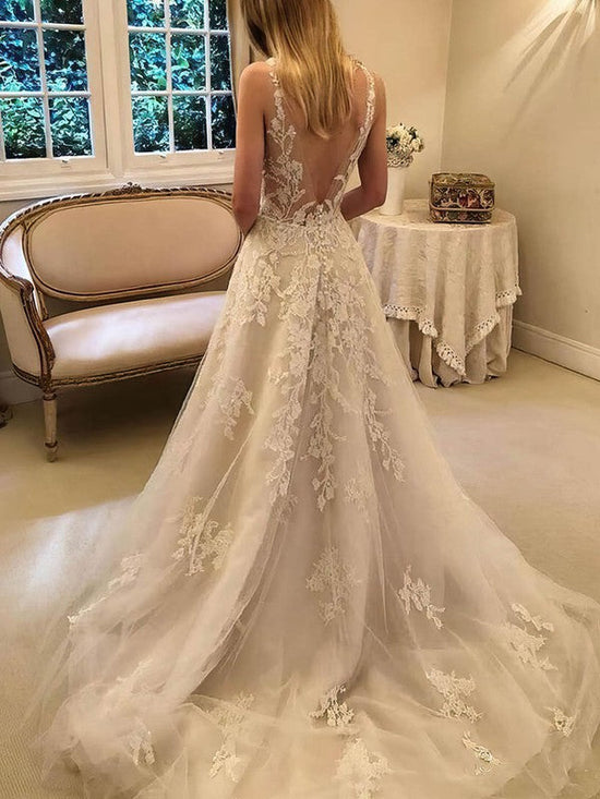 V-neck Ball Gown Wedding Dress with Appliques Lace and Court Train