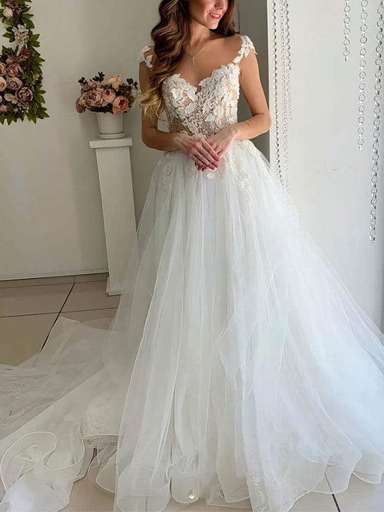 Illusion Tulle Ball Gown Wedding Dress with Appliques and Lace Sweep Train