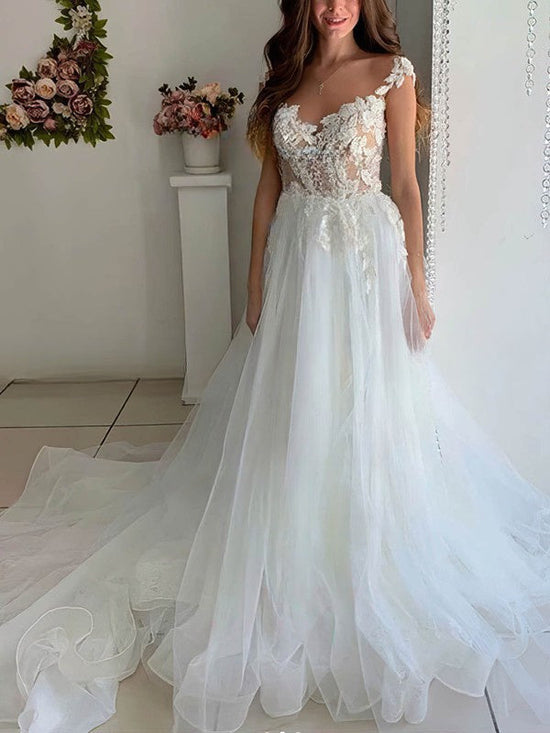 Illusion Tulle Ball Gown Wedding Dress with Appliques and Lace Sweep Train