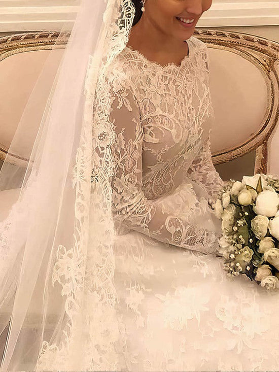 Illusion Lace Court Train Wedding Dress with Bow - Ball Gown