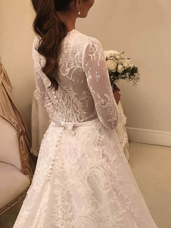 Illusion Lace Court Train Wedding Dress with Bow - Ball Gown