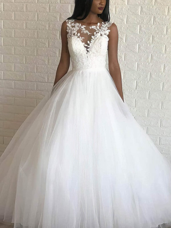 Gorgeous Ball Gown Illusion Tulle Sweep Train Wedding Dress With Appliques Lace