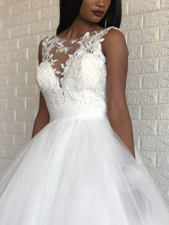 Gorgeous Ball Gown Illusion Tulle Sweep Train Wedding Dress With Appliques Lace