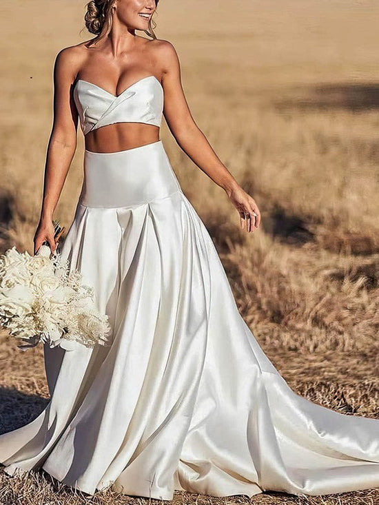 V-neck Satin Ball Gown Wedding Dress with Sweep Train