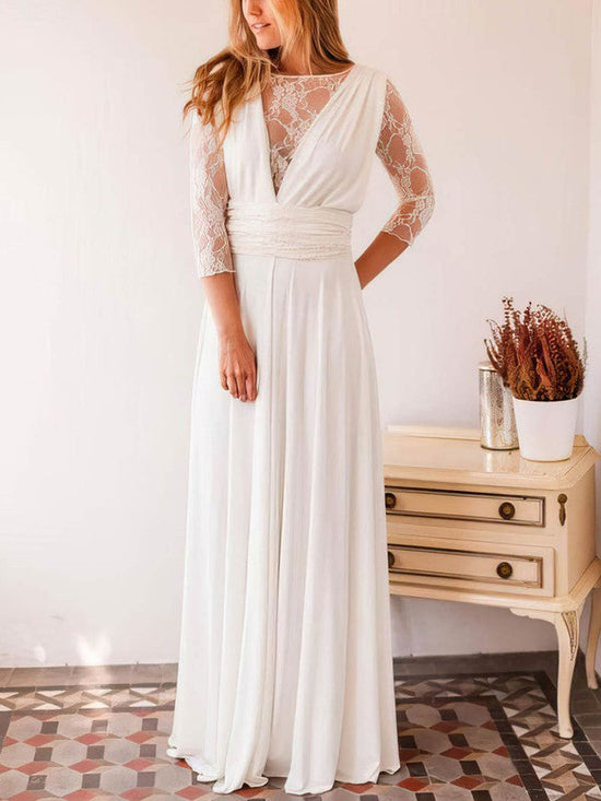 A-line Illusion Lace Chiffon Floor-length Wedding Dress