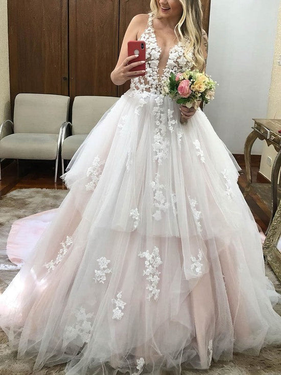 V-neck Tulle Ball Gown Wedding Dress With Tiered Sweep Train