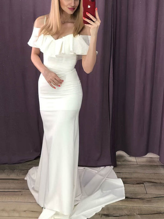 Elegant V-neck Silk-like Satin Trumpet/Mermaid Wedding Dress with Cascading Ruffles