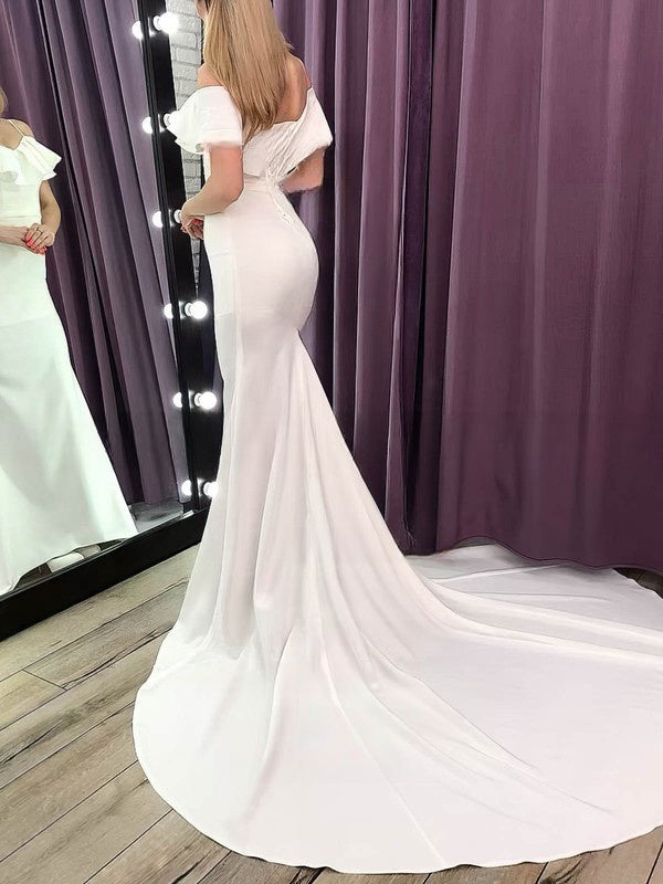 Elegant V-neck Silk-like Satin Trumpet/Mermaid Wedding Dress with Cascading Ruffles