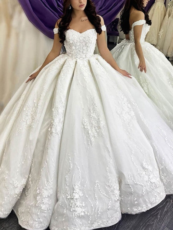 Off-the-shoulder Satin Court Train Wedding Dress with Appliques Lace