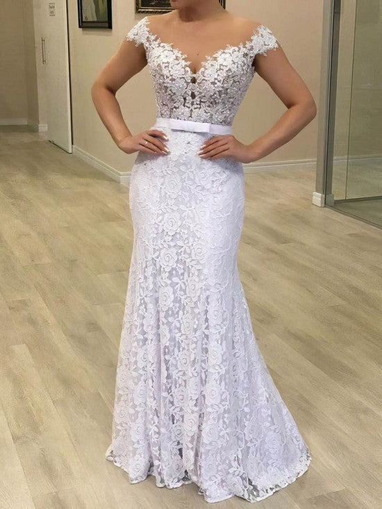 Stunning Trumpet/Mermaid Illusion Lace Sweep Train Wedding Dress With Sashes/Ribbons