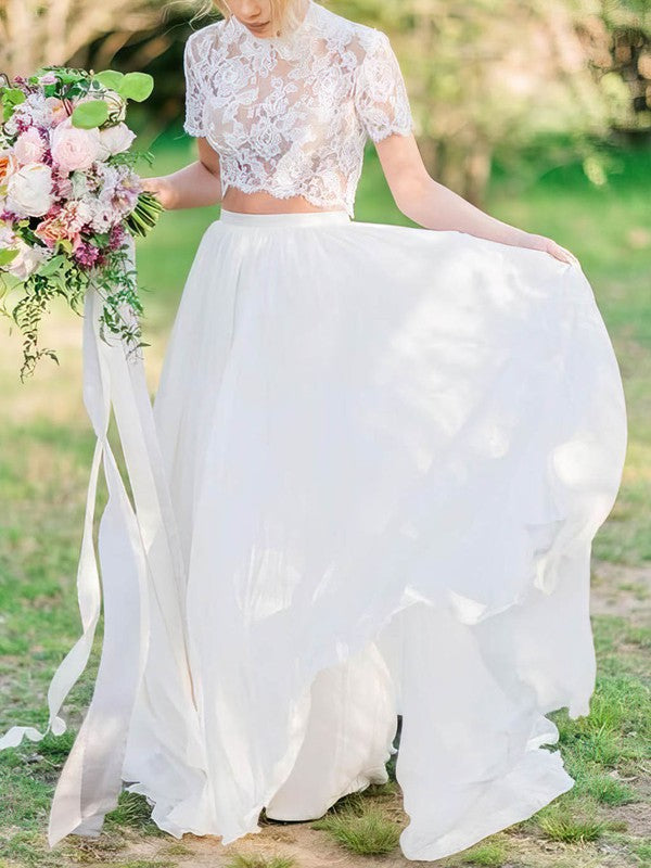 A-Line Illusion Lace Chiffon Sweep Train Wedding Dress